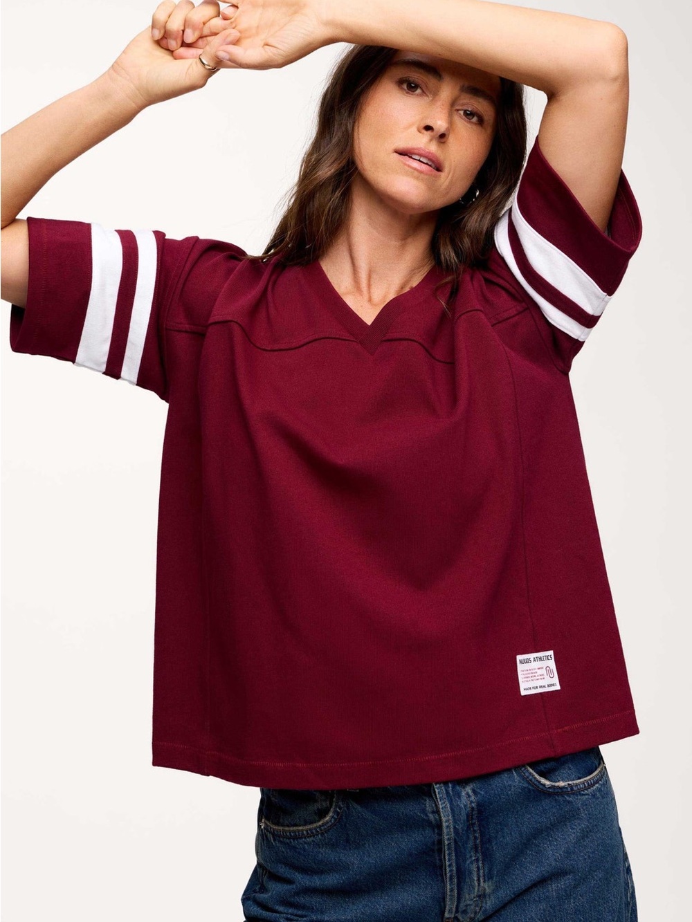 Nuuds Touchdown Tee Size L Ruby Red Oversized Boxy V-Neck Collegiate Sporty